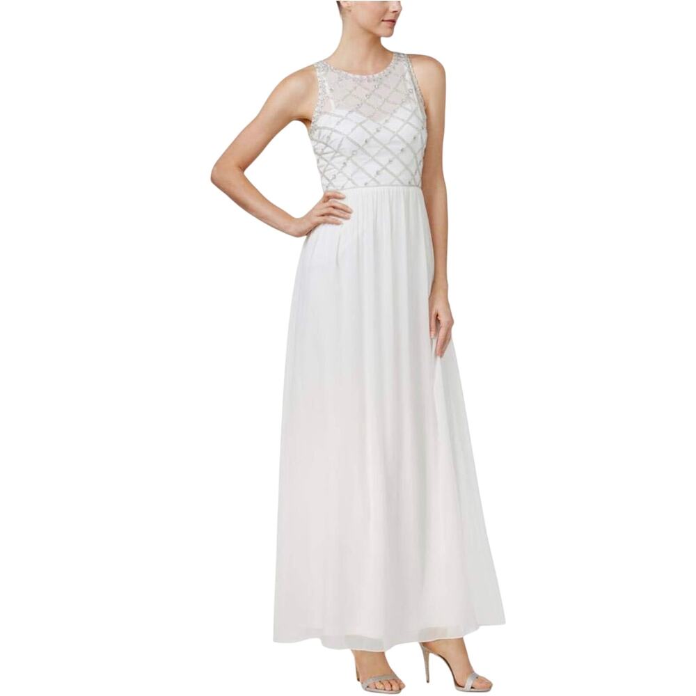 Adrianna Papell White Evening Gown Beaded Chiffon Sleeveless Maxi Dress Size 12